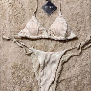 Zaful Cream Ribbed Tie-Side Triangle Bikini